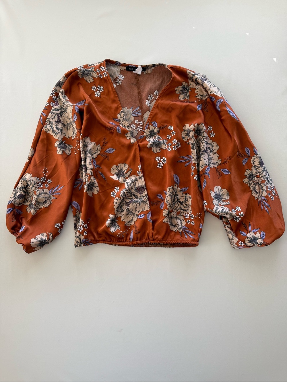 Kaii Burnt Orange Floral V-Neck Balloon Sleeve Blouse